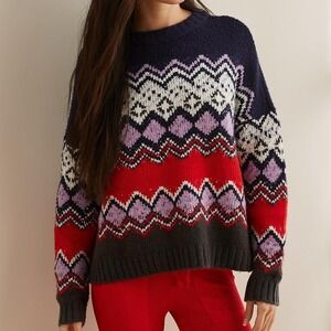 Aerie $65 Small Petite Oversized Navy Fair Isle Geometric‎ Crew Neck Sweater